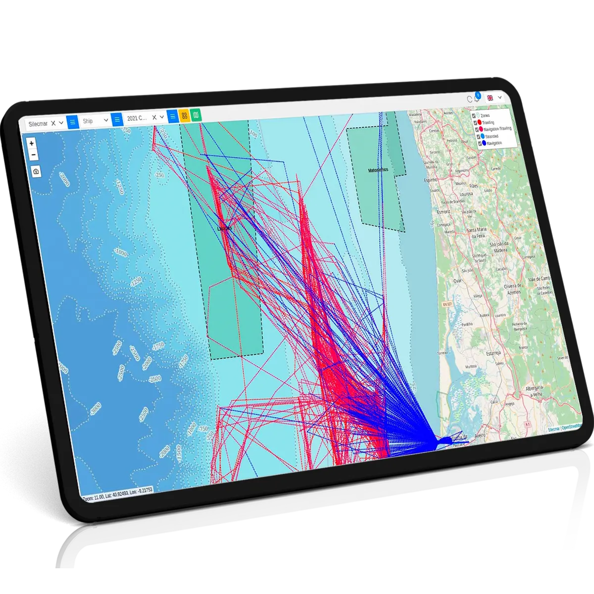 Tablet running the SILECMAR application: a vessel track plotted over the nautical chart