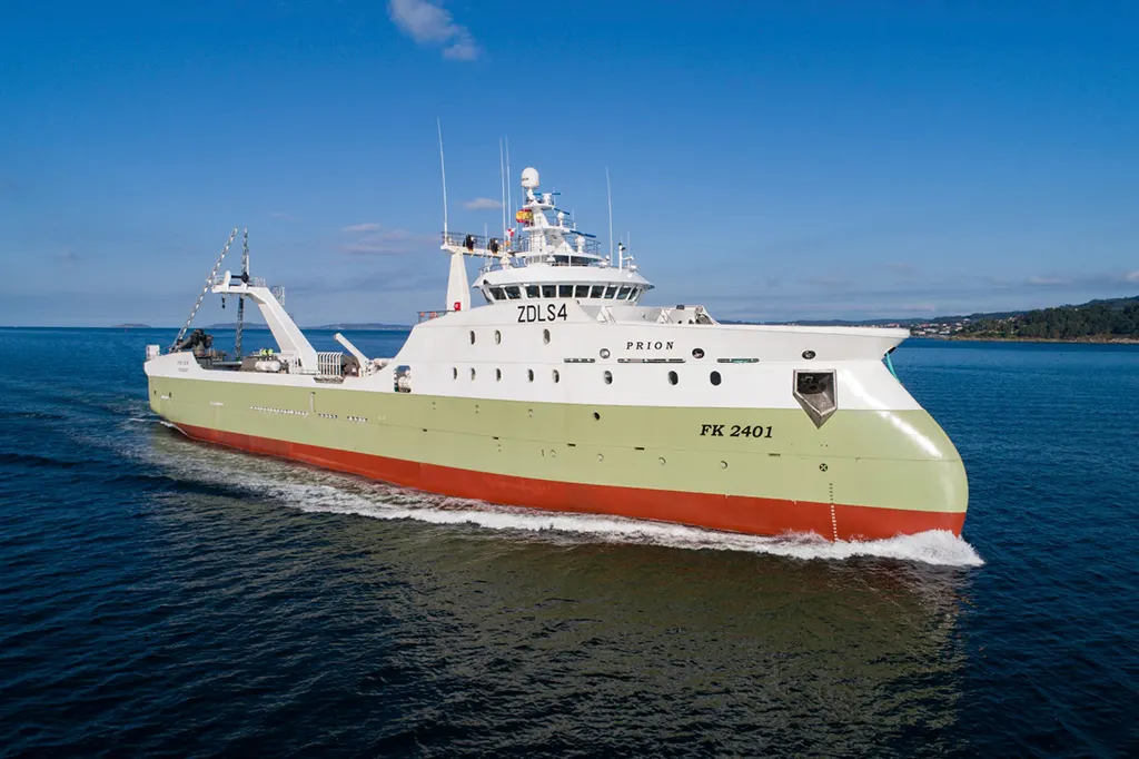 Factory freezer trawler under way, seen from the starboard bow