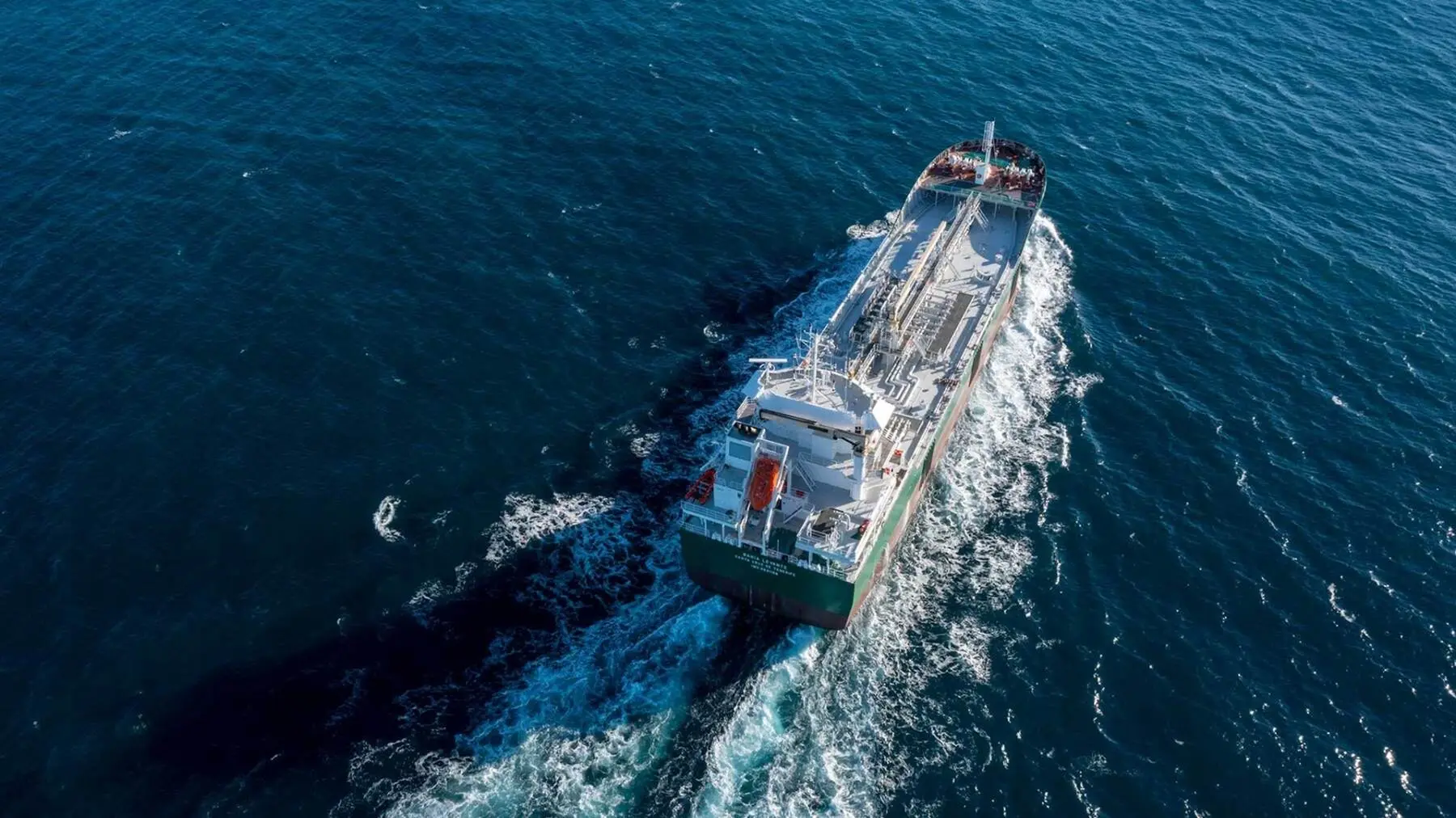 The bunkering tanker BAHIA LEVANTE under way, seen from the air