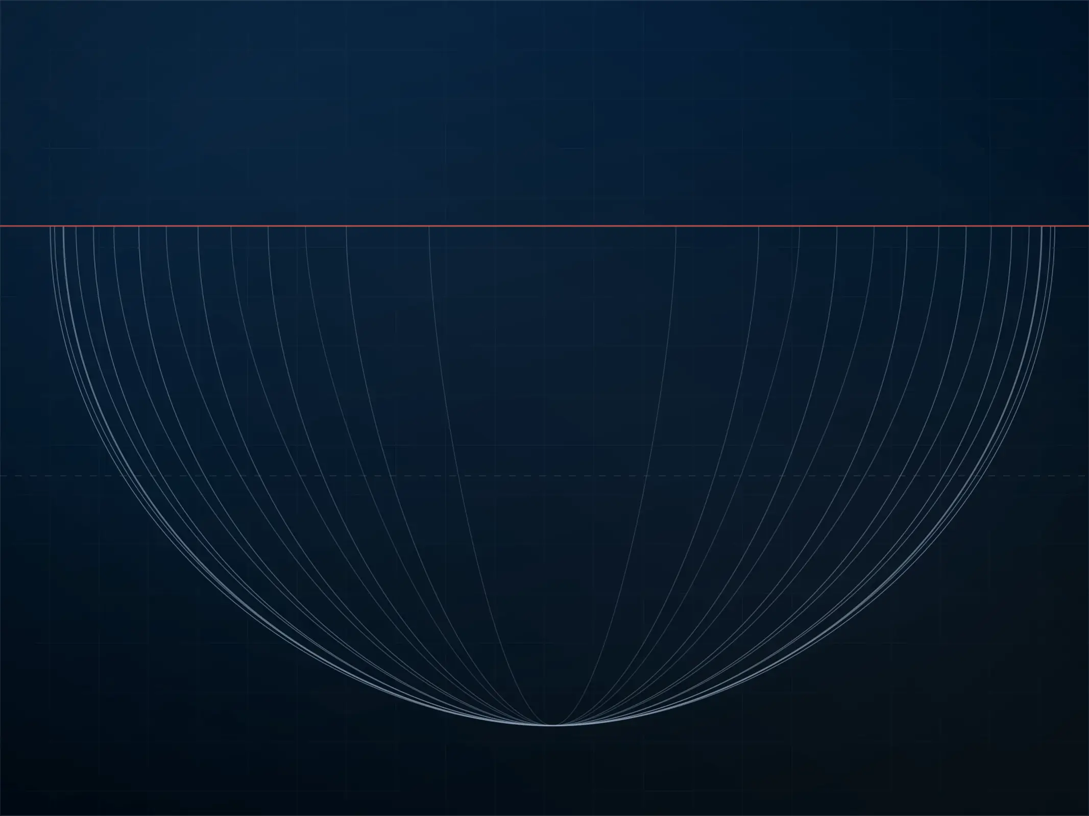 Nested curves in the shape of a hull section beneath a horizontal red line marking the waterline
