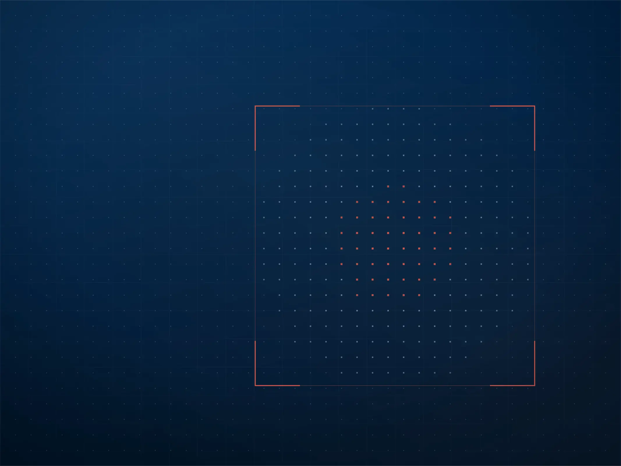 A grid of dots on a dark blue field, with a corner-marked frame and a denser cluster of dots at its centre